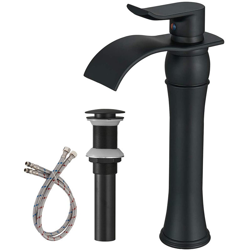BWE Black Bathroom Faucet with Drain Assembly and Supply Hose Waterfall Vessel Sink Faucet Matte Black Lavatory Mixer Tap Tall Body - Image 1